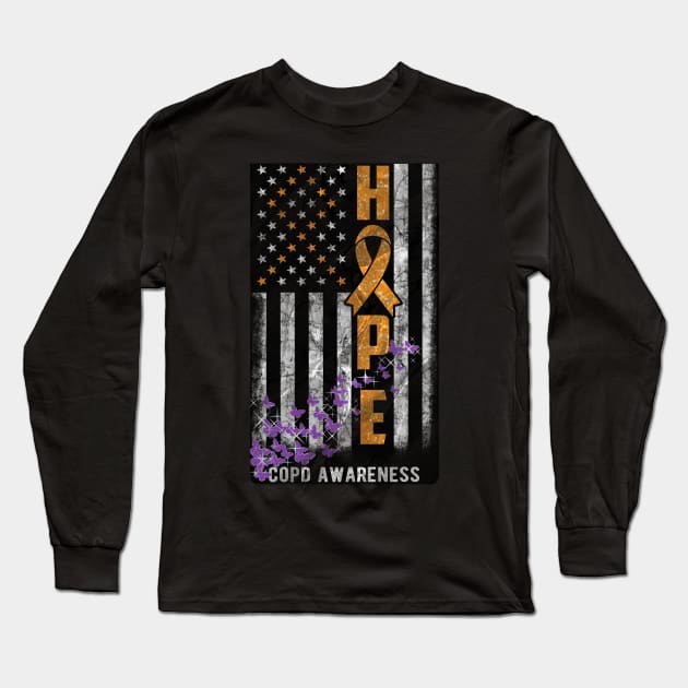 COPD Awareness Hope Flag Purple Butterflies Long Sleeve T-Shirt by mythikcreationz